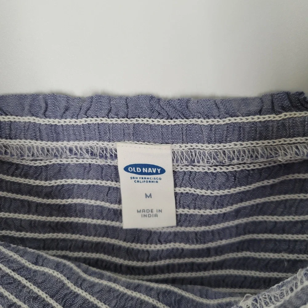 Old Navy Smocked Peplum Top Women Medium Blue Off Shoulder Short Sleeve Striped